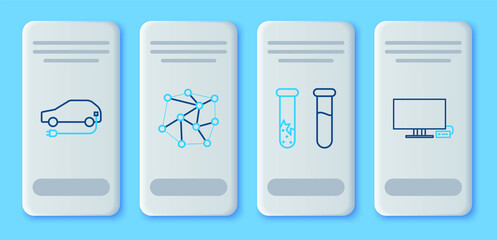 Set line Neural network, Test tube and flask, Electric car and Smart Tv icon. Vector