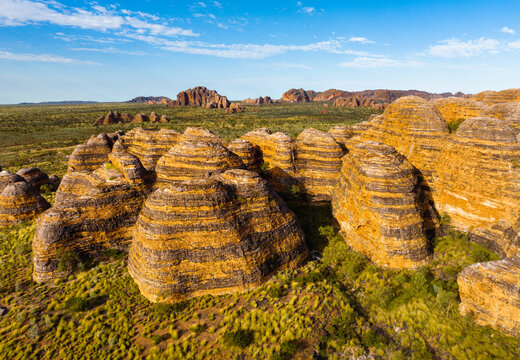 Banded beehive shaped sandstone formations at the Bungle Bungle National Park, Purnululu, in the Kimberley Region of Western Australia