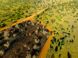 Aerial view of dirt road to Windjana Gorge National Park in the remote Kimberley region of Western...