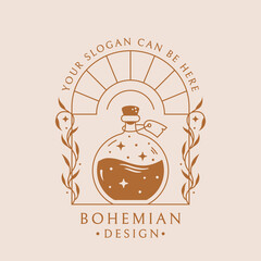 Potion boho logo. Trendy emblem for botanical healing, aromatherapy, essential oils, medicinal herbs, homeopathy, natural beauty product, etc. Vector isolated badge with magic elixir bottle and plants