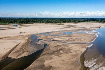 Low water level in Vistula river, effect of drought seen from the bird's eye perspective