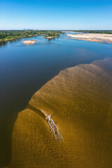 Low water level in Vistula river, effect of drought seen from the bird's eye perspective