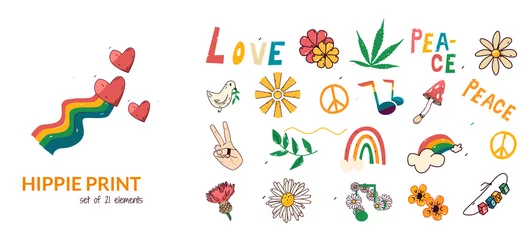 Papier Peint photo Licornes Set of hippie culture elements, peace, love, dove, rainbow, flowers. Vector illustration in cartoon doodle style isolated on white background.
