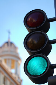 traffic lights. traffic light indicating the color green. detail.