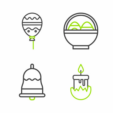 Set line Burning candle, Ringing bell, Basket with easter eggs and Balloons ribbon icon. Vector