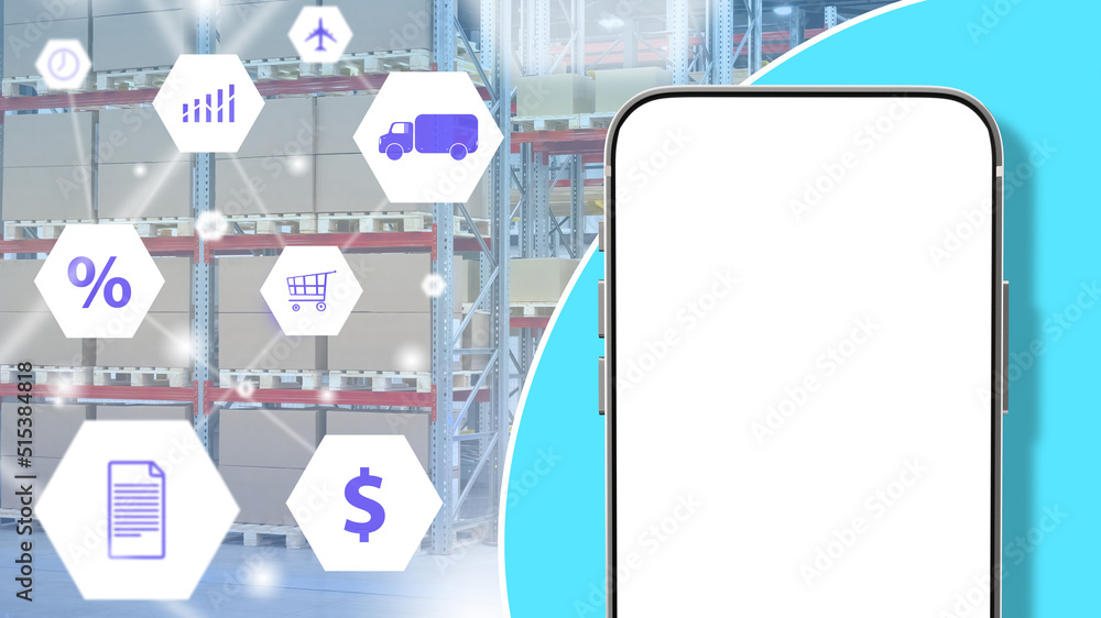 Poster phone mock up. smartphone for your logistics proposal. phone with blank display. symbols of logistic