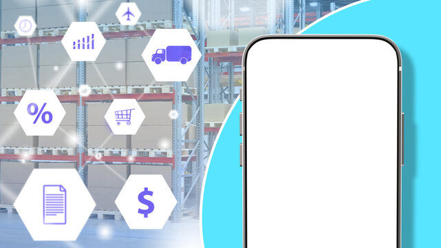 Phone mock up. Smartphone for your logistics proposal. Phone with blank display. Symbols of logistics processes. Cell phone for website demo. Smartphone in front of warehouse racks. 3d rendering.