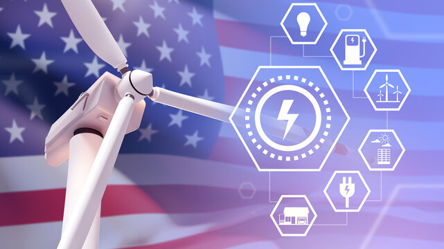 USA regenerative energy. Wind turbine with electrification symbols. Windmill care for environment. Wind generator in front American flag. Production of green electricity in USA. Art Blurred. 3d image