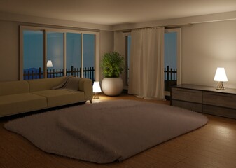 Night scene interior with panoramic window and big carpet on the wooden wall. Home plant and lamp. Curtain and couch. White scandinavian interior. 3D rendering