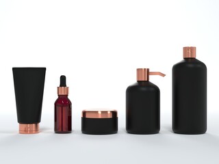 Obraz premium Cosmetic cream tube, jar with lid, liquid soap and shampoo, serum bottle 3D render on white background, different product packaging mock-up
