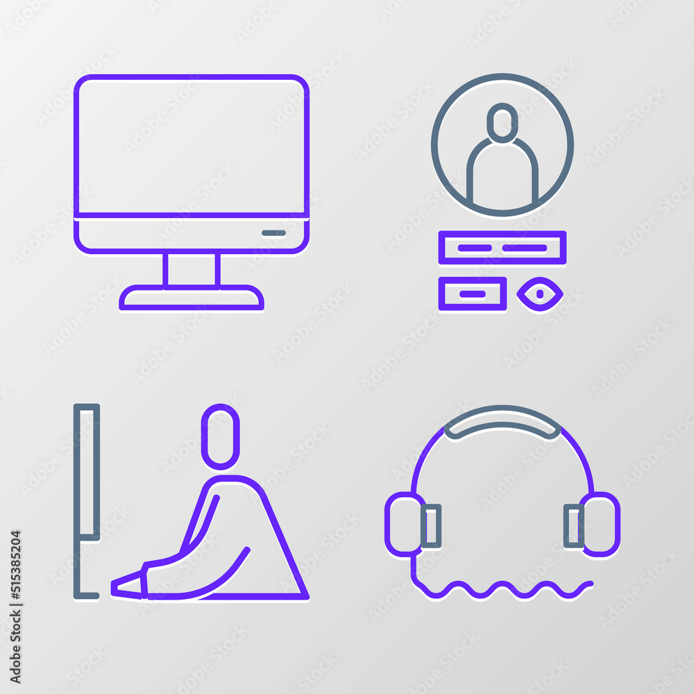 Poster set line headphones, student working at laptop, create account screen and computer monitor icon. vec