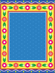 Indian or Pakistani truck art vector frame or border design perfect for greeting card or inviation with flowers and blank space for text, 18x24 format
- 515385457