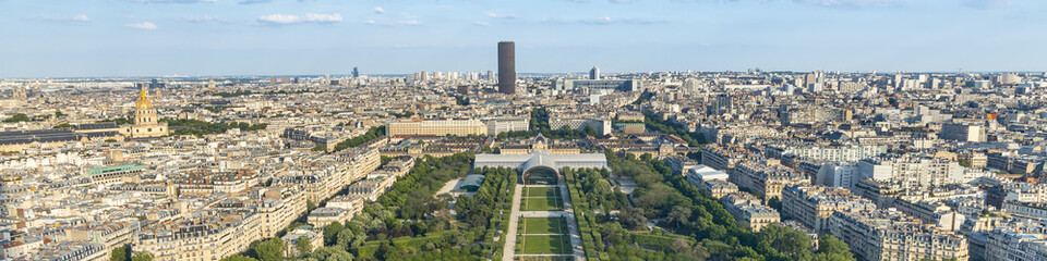 Champs de Mars park and Montparnasse tower seen from the second floor of the Eiffel Tower in Paris,...