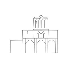 Vector line hand drawn illustration with Bellapais Monastery. Kyrenia, North Cyprus. Stone Greek Arhitecture