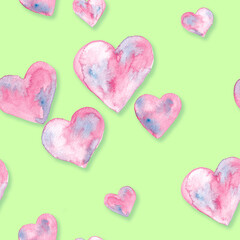 Obraz premium Pink with blue hearts watercolor painting - seamless pattern on vibrant neon green background