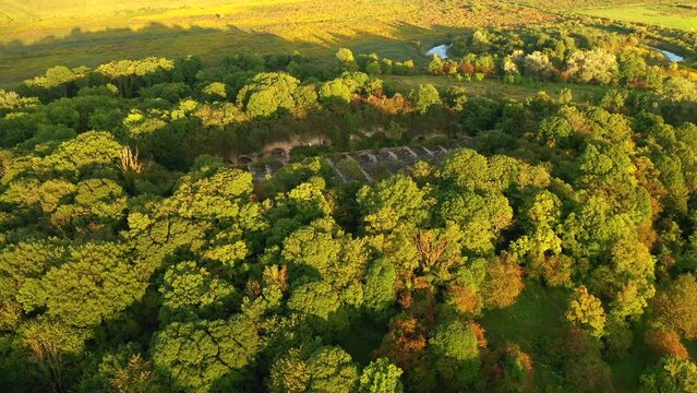 Top view of the ruins of a defensive structure. Architectural monument Tarakaniv fort, Ukraine.