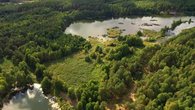 Flight over the lake which is surrounded by forest. Filmed in UHD 4k video.