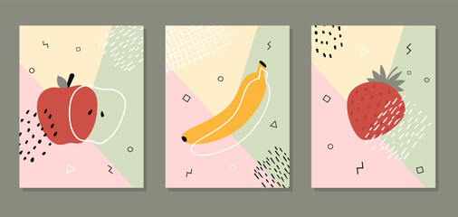 Abstract vector posters with fruits. Collection of contemporary art. Abstract elements, fruits and berries for social networks, cards, prints. Memphis style apple, banana and strawberry