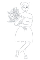 Sketch portrait of a cartoon cute girl who stands with a bouquet of flowers in her hands, isolated on white, flat vector, summer picture