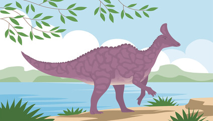 Big hadrosaurus. Bathes in water. Ancient lizard. Herbivorous dinosaur of the Jurassic period. Vector cartoon illustration. Prehistoric nature. Wild landscape with a lake