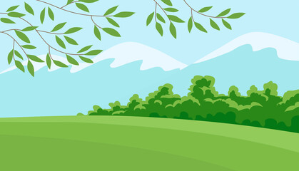Obraz premium Summer landscape of nature. Panorama with green forests, hill, fields, mountains and blue sky. Tree branch. Rural scener. Flat vector illustration
