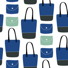 Seamless stylish pattern with beauty drawn womans  shopping bags. Decorative fashion background with blue and gray  handbags and wallets, pouches