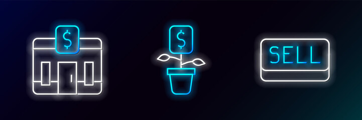 Set line Sell button, Bank building and Dollar plant icon. Glowing neon. Vector