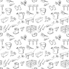 Simple seamless pattern with contour hand drawn garden tool, watering can, shovel, seed, box. Monochrome endless texture with sketch black line art elements on white background. Vector illustration.