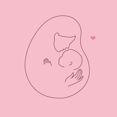Line logo , mother with a baby in her arms. Happy maternity. Line art. Hugs with love
