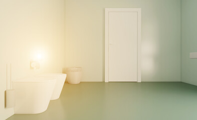 Obraz na płótnie Canvas Spacious bathroom in gray tones with heated floors, freestanding tub. 3D rendering. Sunset.