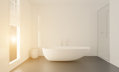 Fototapeta na wymiar Freestanding bath with towels in grey modern bathroom. 3D rendering.