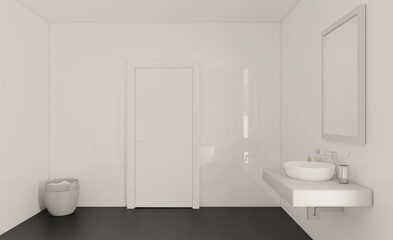 Fototapeta na wymiar Spacious bathroom in gray tones with heated floors, freestanding tub. 3D rendering.