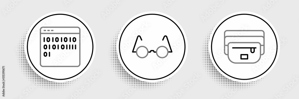 Poster set line waist bag of banana, binary code and eyeglasses icon. vector