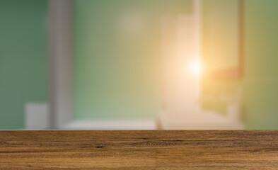 Scandinavian bathroom, classic  vintage interior design. 3D rend. Background with empty wooden table. Flooring.