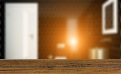 Modern bathroom including bath and sink. 3D rendering.. Sunset.. Background with empty wooden table. Flooring.