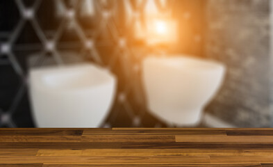 Clean and fresh bathroom with natural light. 3D rendering.. Suns. Background with empty wooden table. Flooring.