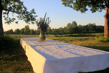 A large wooden table with a white tablecloth and a vase of meadow flowers stands in a green meadow...