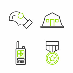 Set line Military reward medal, Walkie talkie, barracks and Gas mask icon. Vector