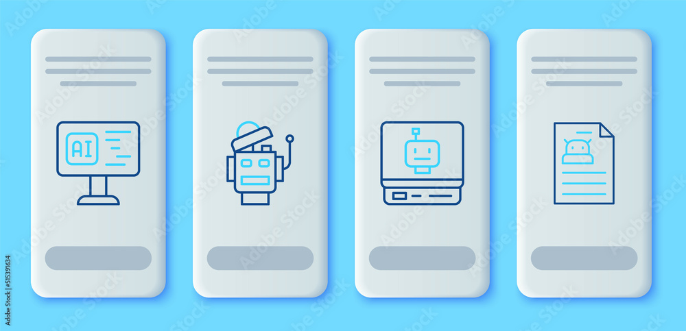 Poster set line robot, software and technical specification icon. vector