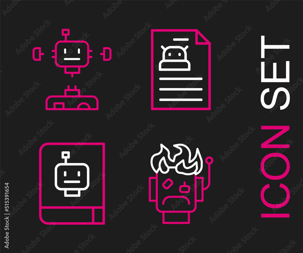 Poster set line robot burned out, user manual, technical specification and disassembled robot icon. vector
