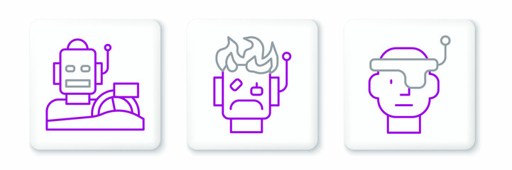 Set line Smart glasses, Robot humanoid driving car and burned out icon. Vector