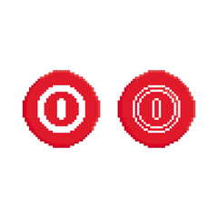 Power, switch on off vector icon on red round button. Pixel art. 8 bit logo. eps10