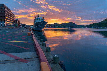 Sunrise with a ship in the St. John’s Harbor