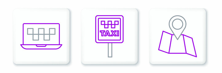 Set line Folded map with location, Laptop call taxi service and Road sign for stand icon. Vector