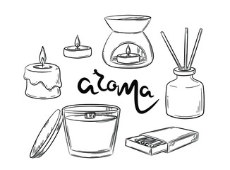 A set of items for aroma in the house. Choice of interior accessories. Scented candles, diffuser, aroma lamp. Isolated vector illustration in line style.