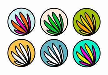 Set of abstract line icons logotypes in cartoon doodle style hand drawn leaves plants