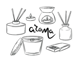A set of items for aroma in the house. Choice of interior accessories. Scented candles, diffuser, aroma lamp. Isolated vector illustration in line style.