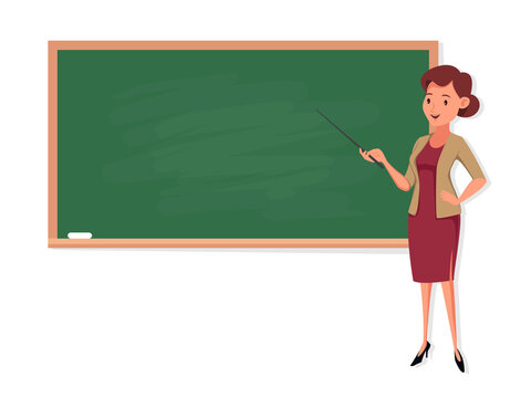 Young woman teacher on lesson at blackboard in classroom isolated on white background. Vector stock