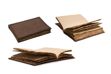 An open empty old notebook isolated on a white background.