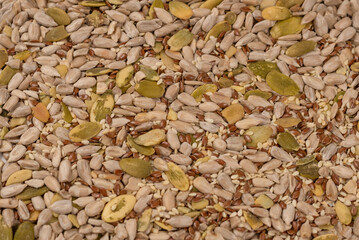 Mix of seeds for a salad. A pile of mixed seeds isolated on white background.